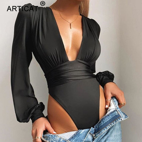 Black Deep V Neck Bodycon Jumpsuit