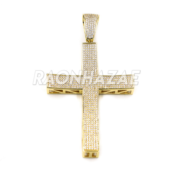 14k Gold Plated Lab Diamond BIG Brass 2PAC Cross Pendant w/ 10mm Cuban Chain Set