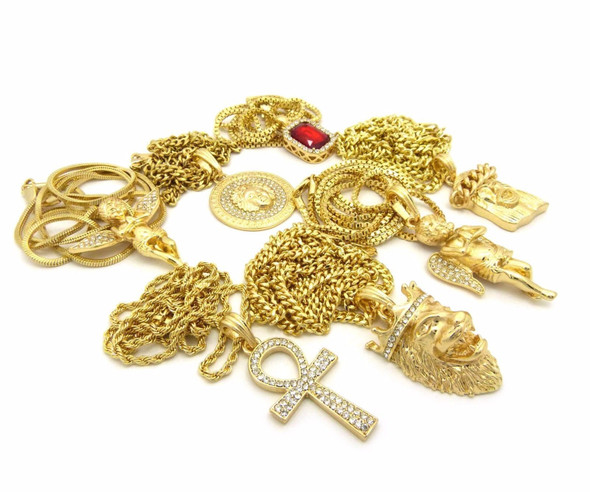 Hip Hop Ruby, 2 Angels, Jesus, Lion, Medusa, Ankh Pendant 7 Necklace Set GB112G