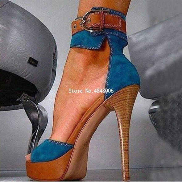 Blue Jean Platform Ankle Strap High Heels Sandals Woman Peep Toe