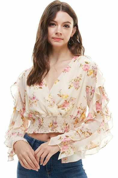 SURPLICE SMOCK WAIST RUFFLE LONG SLEEVE BLOUSE