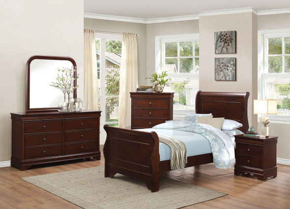 1856T-1 Louis Philippe 4PCs Brown Cherry Wood Twin Sleigh Bedroom Set