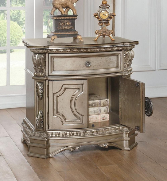 Northville Collection 26934 30" Nightstand with 1 Drawer, 2 Doors, Marble Top, Oversized Acanthus Leaves, Silver Grey Metal Hardware, Poly Resin Carved Molding Trim and Wood Veneer Materials in Antique Champagne Finish