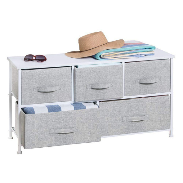 mDesign Extra Wide Dresser Storage Tower - Sturdy Steel Frame, Wood Top, Easy Pull Fabric Bins - Organizer Unit for Bedroom, Hallway, Entryway, Closets - Textured Print - 5 Drawers - Gray/White