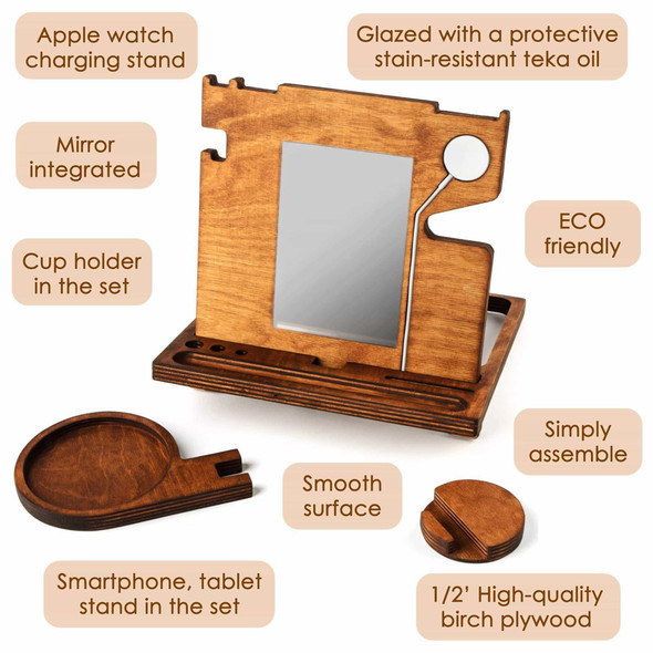 Rostmary-Wooden Docking Station-Smart Watch Stand-Phone Holder-Nightstand-Desk Organizer for Smartphone-Watch and Wallet Holder for him, for Men, for dad-Husband Gift-Set 3 in 1