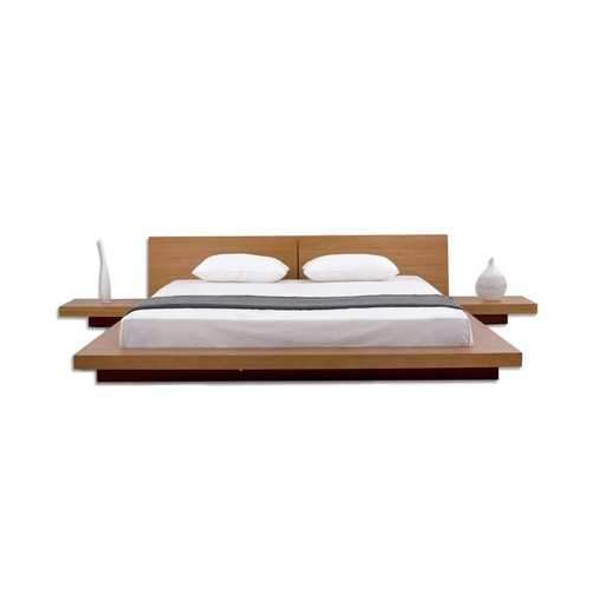 King size Modern Japanese Style Platform Bed with Headboard and 2 Nightstands in Oak