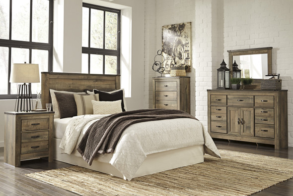 Cremona Brown Casual Bedroom Set: Queen Panel Headboard, Dresser with Doors, Mirror, Nighstand, Chest