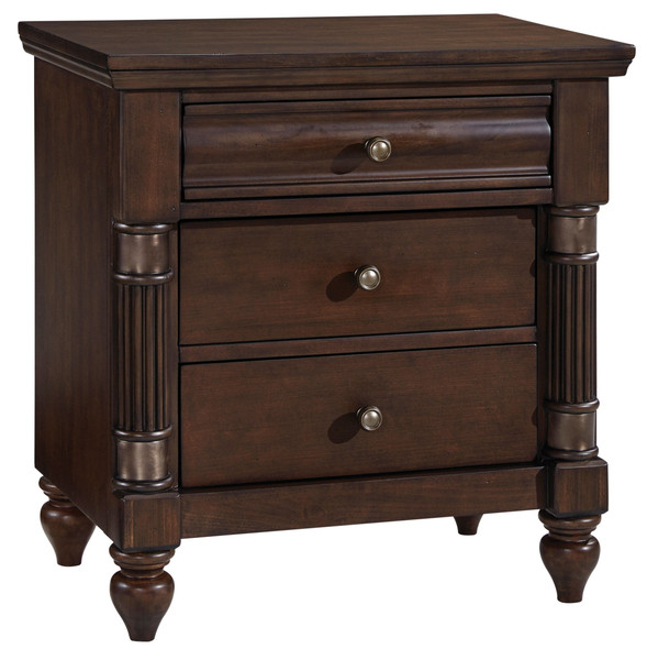 Bruce Stain Cherry Finish Poplar Solids, Quarered Cherry Veneers, 3-Drawer Nightstand