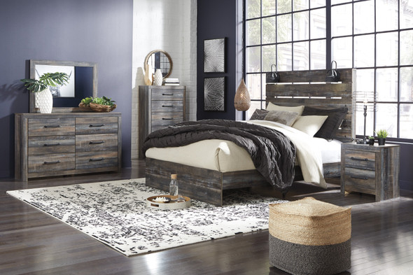 Ararat Rustic Wood Queen Panel Bed with Lights, Dresser, Mirror, Nightstand and Chest Set