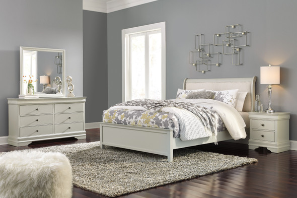 Ararat Louis Phillippe Style Queen Uplostered Sleigh Bed with Dresser, Mirror, 2 Nightstands