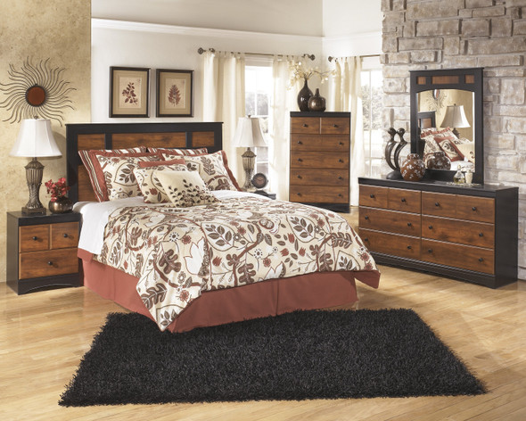 Airwell Casual Dark Brown Color Bedroom Set: Queen Panel Headboard, Dresser, Mirror, 2 Nightstands, Chest