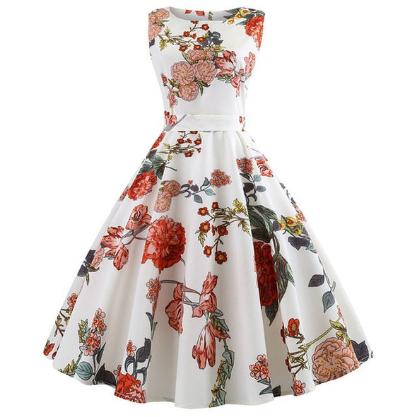 Rose print with Pleated Skirt and O-Neck White Dress