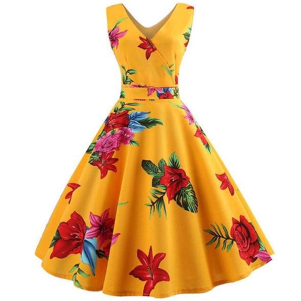 Rose Print Dress with Pleated Skirt Yellow
