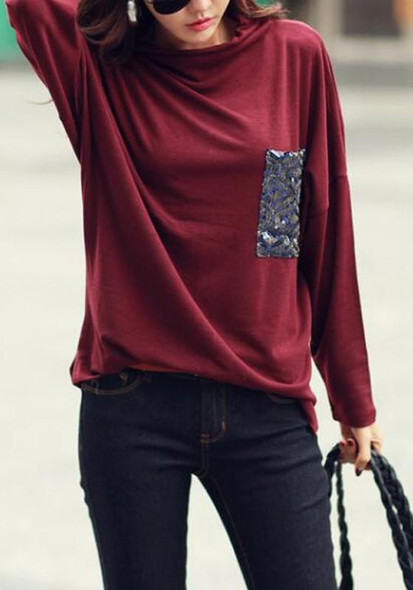 Burgundy Patchwork Sequin Pocket Band Collar Long Sleeve Casual T-shirt