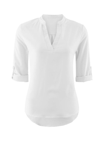 White Plain Irregular V-neck Long Sleeve Fashion Blouse