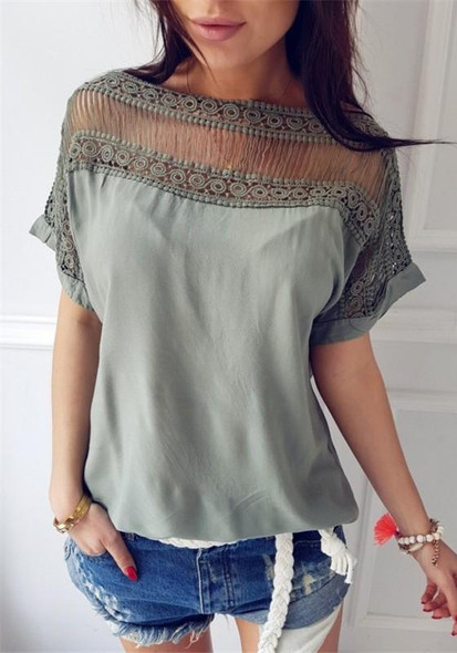 Green Patchwork Hollow-out Round Neck Short Sleeve T-Shirt