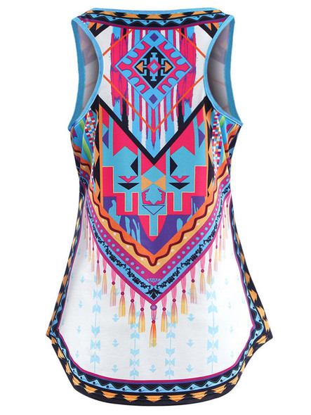 Casual Scoop Neck Tribal Printed High-Low Sleeveless T-Shirt