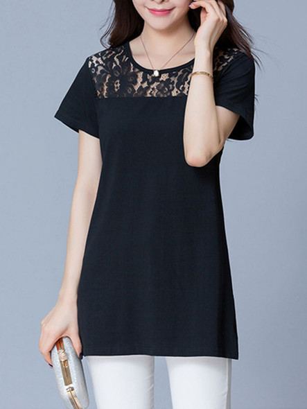 Casual Round Neck Hollow Out Plain Short Sleeve T-Shirt