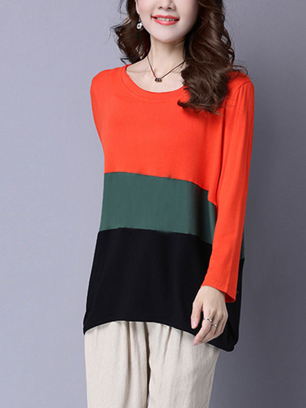 Casual Round Neck Color Block Long Sleeve T-Shirt