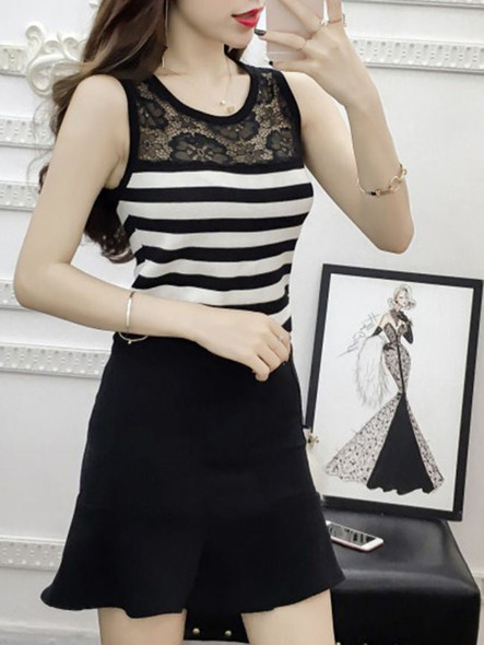 Casual Round Neck Patchwork Hollow Out Sleeveless T-Shirt