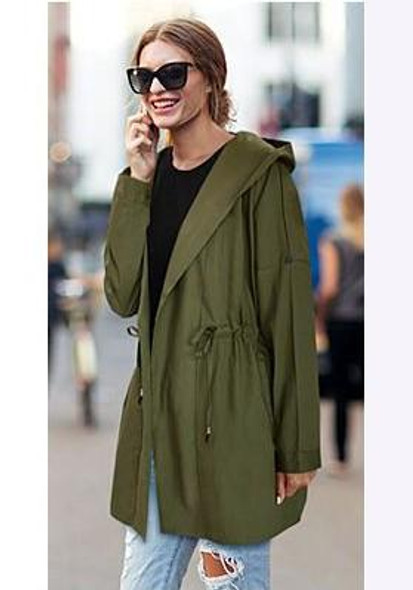 Army Green Drawstring Pockets Long Sleeve Hooded Fashion Coat