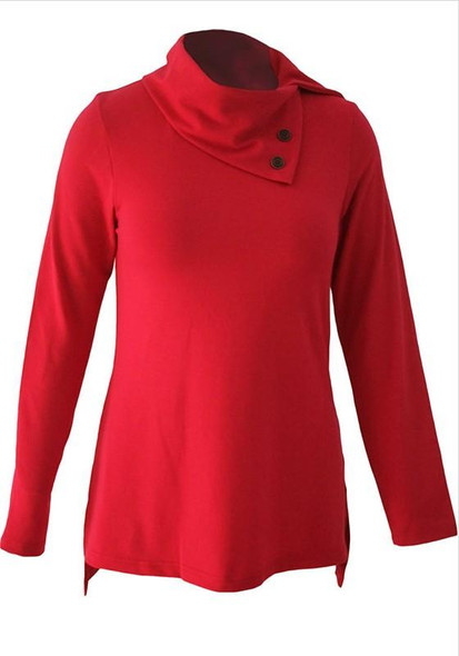 Red Plain Studded Side Slit High Neck Long Sleeve T-Shirt