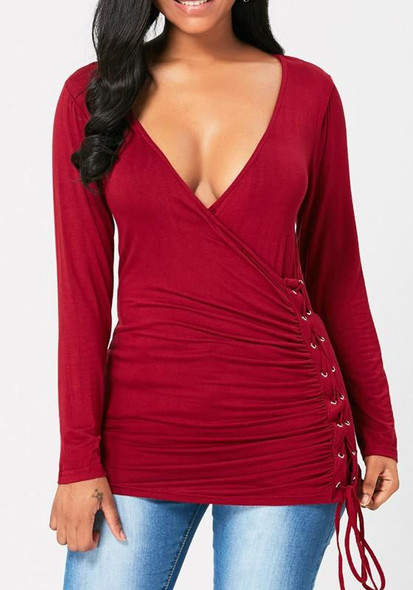 Red Drawstring Draped V-neck Long Sleeve Fashion T-Shirt