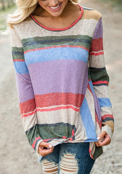 Colour Bar Striped Rainbow Print Round Neck Fashion T-Shirt