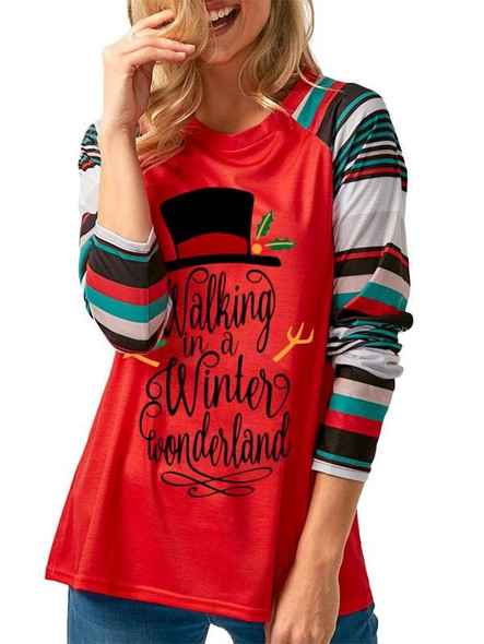 New Red Monogram Striped Print Round Neck Long Sleeve Casual T-Shirt