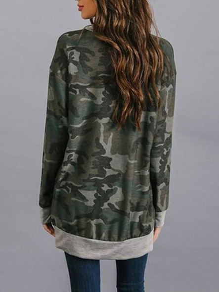 New Army Green Camouflage Double Zipper Long Sleeve Oversized Casual Pullover Sweatshirt