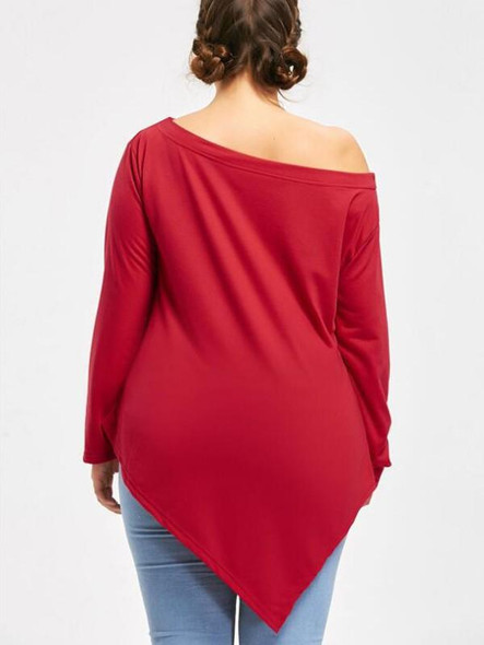 New Red Merry Christams Pattern Irregular One-Shoulder Long Sleeve Plus Size Casual T-shirt