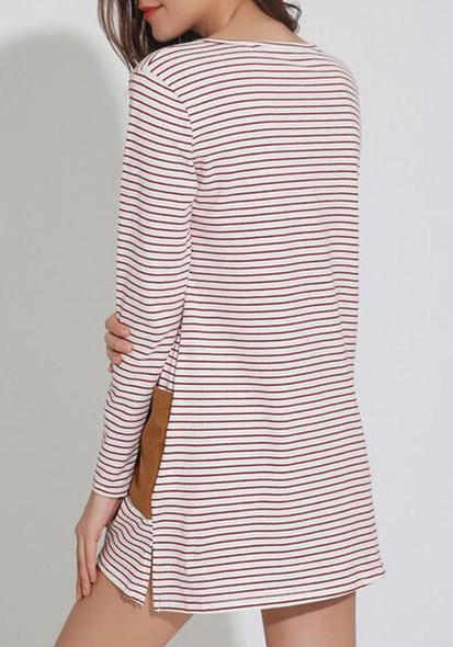 Casual White-Red Striped Patchwork Pockets Round Neck Long Sleeve Casual Mini Dress