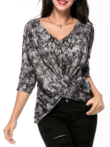 Casual V-Neck Ruched Animal Printed Long Sleeve T-Shirt