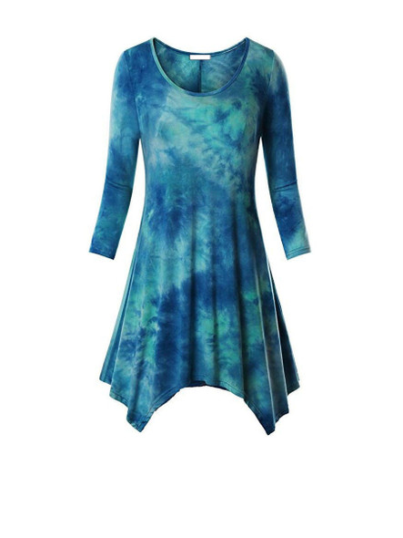 Casual Tie/Dye Asymmetric Hem Longline Round Neck Long Sleeve T-Shirt