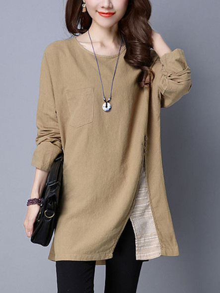 Casual Round Neck Vented Decorative Button Long Sleeve T-Shirt