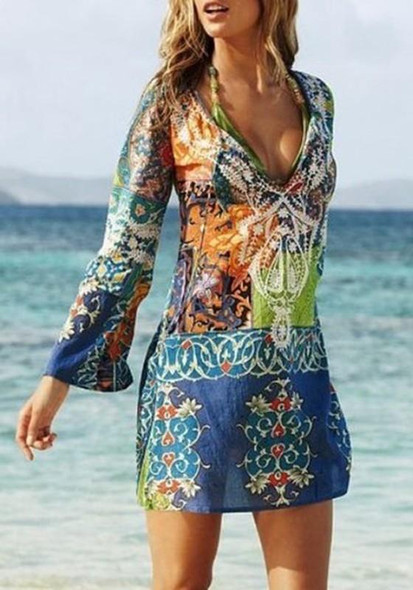 Casual Multicolor Floral Print V-neck Long Sleeve Holiday Fashion Mini Dress