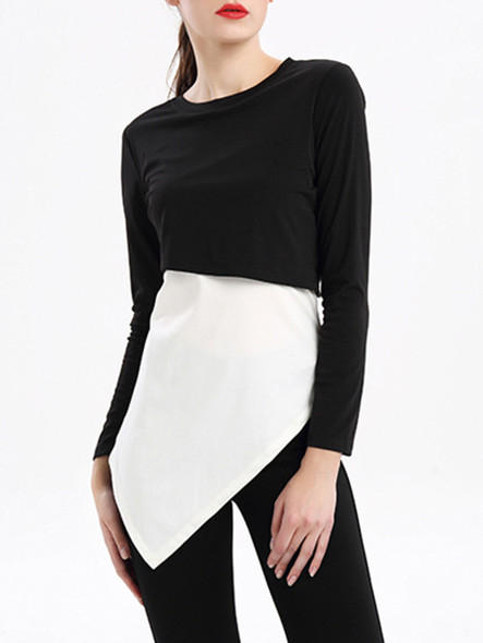 Casual Crew Neck Asymmetric Hem Color Block Long Sleeve T-Shirt