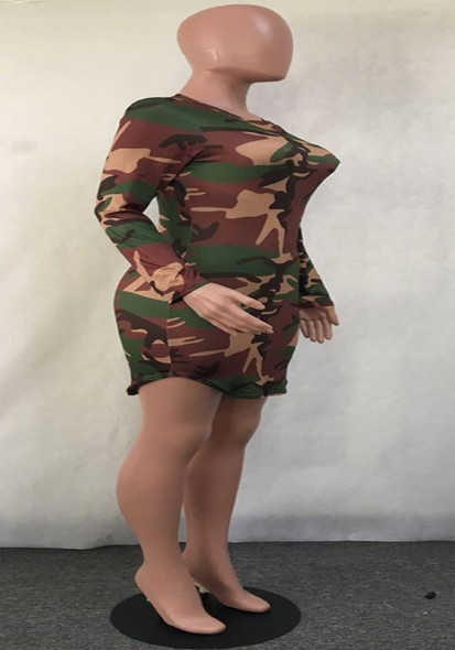 Casual Army Green Camouflage Round Neck Long Sleeve Casual Mini Dress