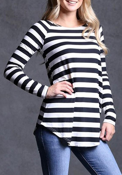 New Black Striped Irregular Round Neck Long Sleeve T-Shirt