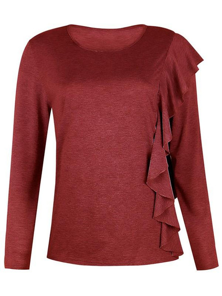 New Red Ruffle Round Neck Long Sleeve Fashion T-Shirt