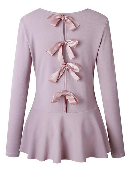 New Pink Bow Cut Out Round Neck Long Sleeve Fashion T-Shirt