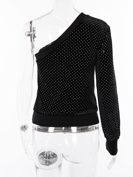 New Black Polka Dot Print Asymmetric Shoulder Long Sleeve Streetwear T-Shirt