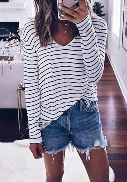 New White Striped V-neck Pockets Long Sleeve Fashion T-Shirt