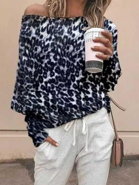 New Grey Leopard Print One-shoulder Long Sleeve Casual T-Shirt