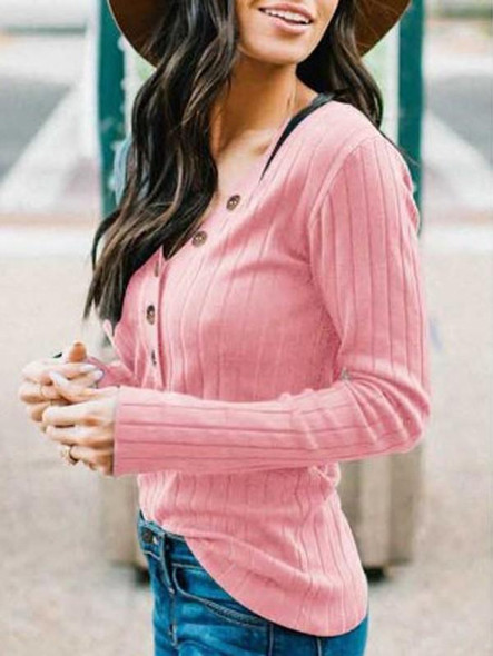 New Pink Buttons V-neck Long Sleeve Casual T-Shirt