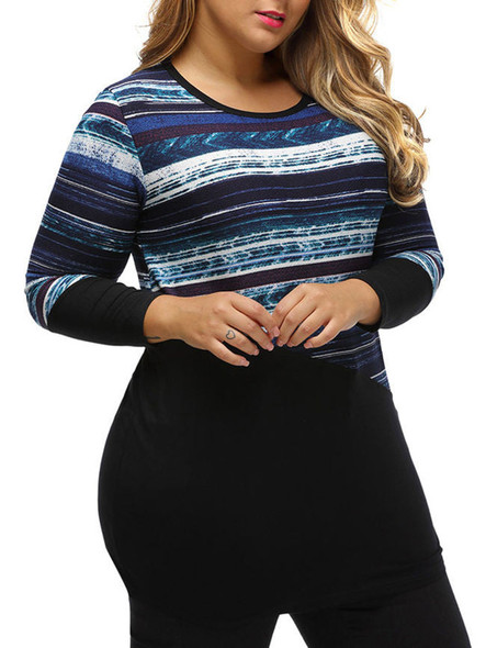 Casual Round Neck Patchwork Striped Plus Size T-Shirt