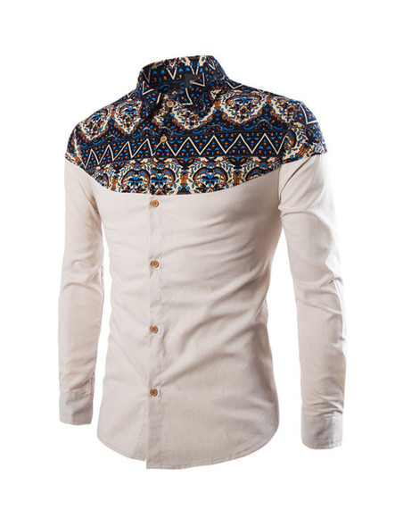 Casual Turn Down Collar Patchwork Printed Men Shirt