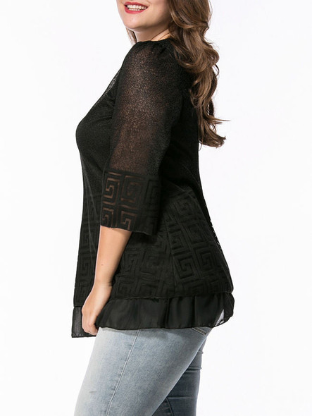 Casual Round Neck Hollow Out Plain Plus Size Blouse