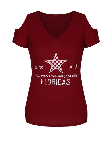 Casual Letters Star Open Shoulder Short Sleeve T-Shirt