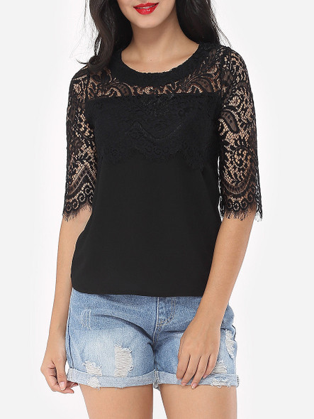 Casual Hollow Out Lace Patchwork Plain Tassel Elegant Round Neck Short-sleeve-t-shirt